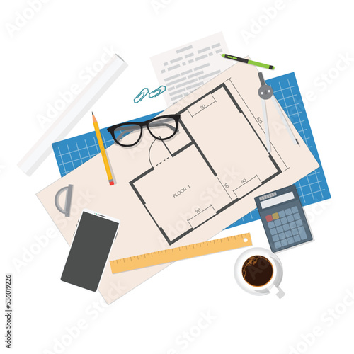 ApartmentApartment floor plan, layout with walls, doors on paper. Coffee, phone, calculator and other items. House interior plane, home project on paper with tools and appartment view. plan view
