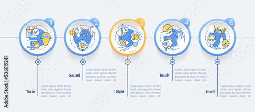 Senses of sensory branding circle infographic template. Sound and sight. Data visualization with 5 steps. Editable timeline info chart. Workflow layout with line icons. Lato-Bold, Regular fonts used © bsd studio