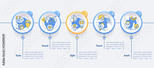 Senses of sensory branding circle infographic template. Sound and sight. Data visualization with 5 steps. Editable timeline info chart. Workflow layout with line icons. Lato-Bold, Regular fonts used