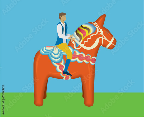 Man riding on Dalahäst (Dala horse). The horse is a well known national symbol for Sweden. The woman wearing national costume for Swedish. Vector illustration. Man, horse isolated from background.