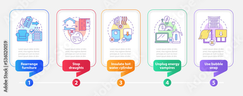 Lowering heat costs in winter tips rectangle infographic template. Data visualization with 5 steps. Editable timeline info chart. Workflow layout with line icons. Myriad Pro-Bold, Regular fonts used