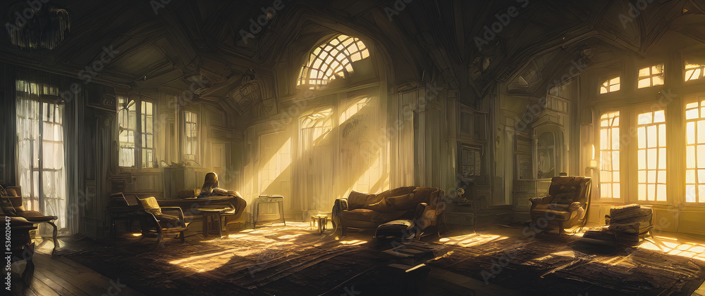Naklejka premium Artistic concept painting of a beautiful living room interior, background illustration.
