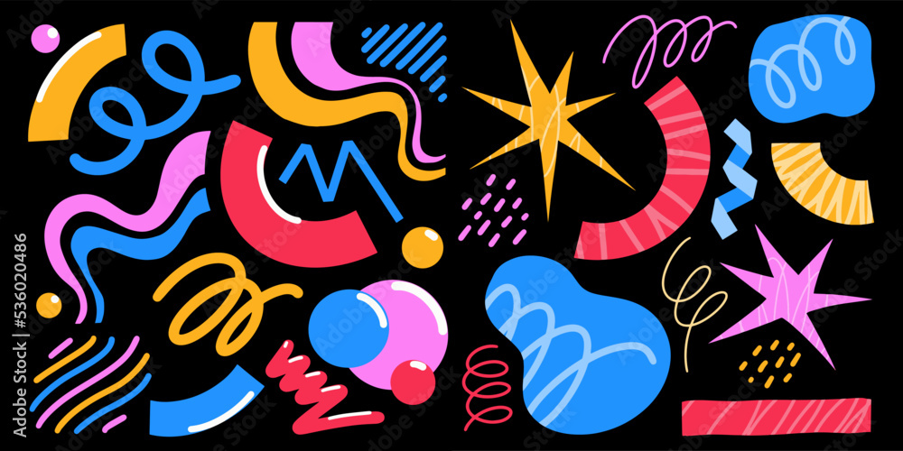 Vector doodle illustration abstract shape set , retro bright hand drawn, Abstract comic icon, flat cartoon in children's style Vector doodle illustration abstract shape set , retro bright hand drawn, Abstract comic icon, flat cartoon in children's style