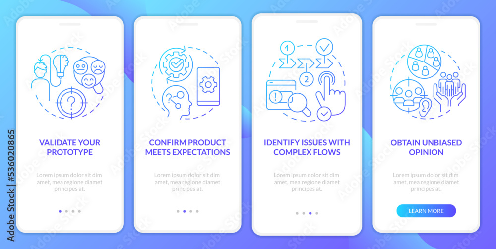 Naklejka premium Usability testing profits blue gradient onboarding mobile app screen. Research walkthrough 4 steps graphic instructions with linear concepts. UI, UX, GUI template. Myriad Pro-Bold, Regular fonts used
