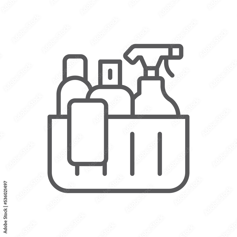 Basket for cleaning with detergents line icon. linear style sign for mobile concept and web design. Household cleaning products outline vector icon. Symbol, logo illustration. Vector graphics Basket for cleaning with detergents line icon. linear style sign for mobile concept and web design. Household cleaning products outline vector icon. Symbol, logo illustration. Vector graphics