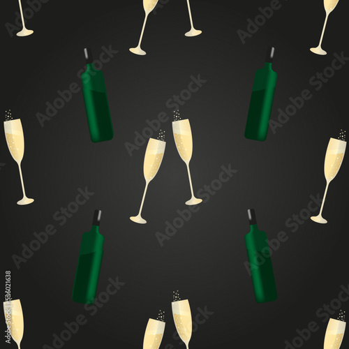 Seamless pattern with champagne bottle and glasses with bubbles on style black background. Christmas fashion vector illustration. Print for greeting card. Bridal concept.