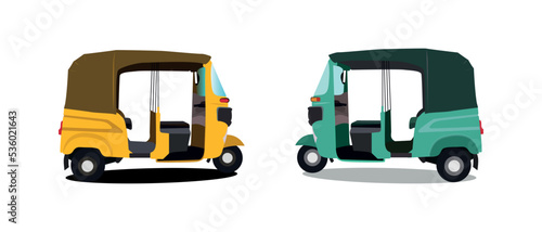 Set of yellow and green auto rickshaw side view illustrations in India.