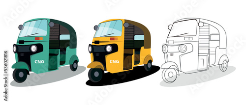 Set of yellow and green auto rickshaw side view illustrations in India.