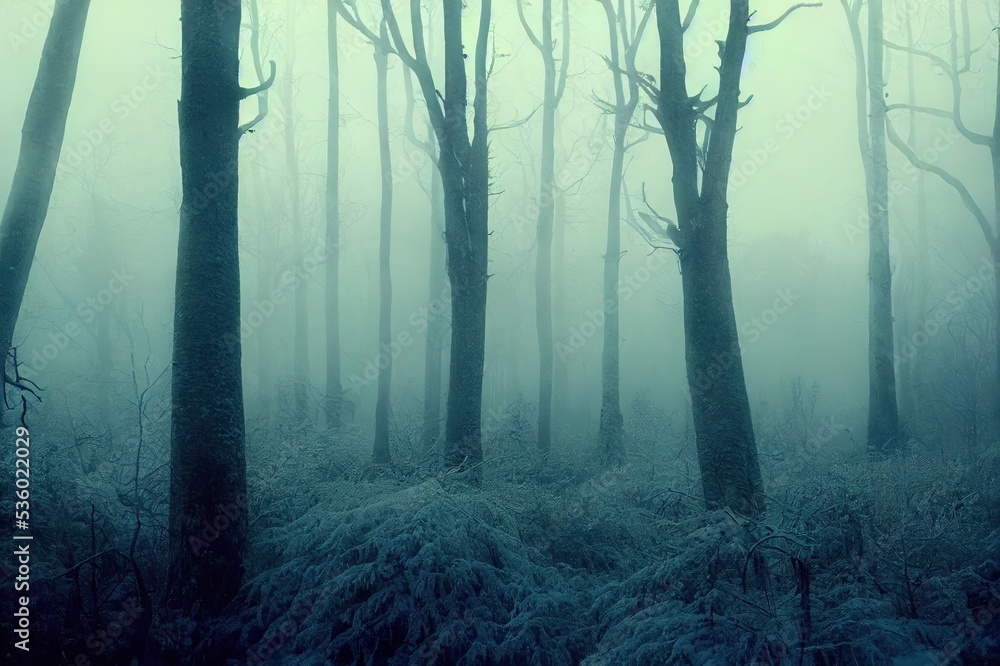 Winter dark creepy cold forest woods landscape photos with majestic trees and fog in foggy atmosphere as a fantasy painting and foliage