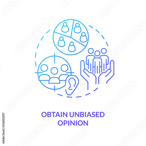 Obtain unbiased opinions blue gradient concept icon. Get customer reviews. Real users experience feedback abstract idea thin line illustration. Isolated outline drawing. Myriad Pro-Bold font used photo
