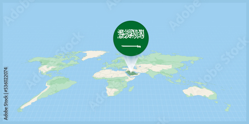 Location of Saudi Arabia on the world map, marked with Saudi Arabia flag pin.