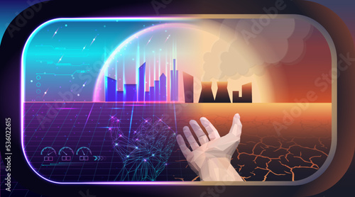 Concept of metaverse world with hands. Metaverse vs reality  in futuristic style on blue to purple