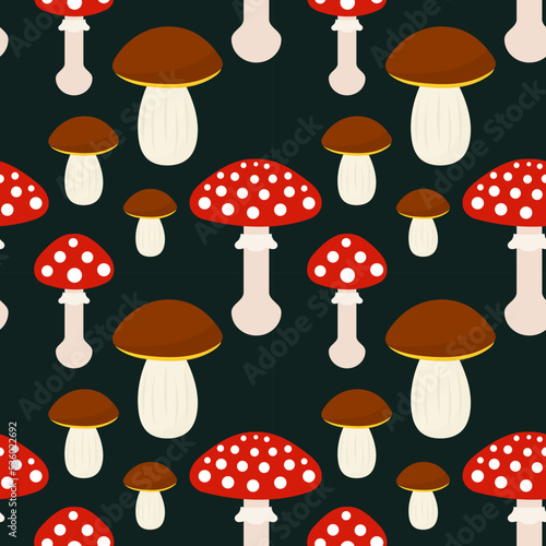 Forest mushroom dark seamless pattern. Red toadstools and boletes.