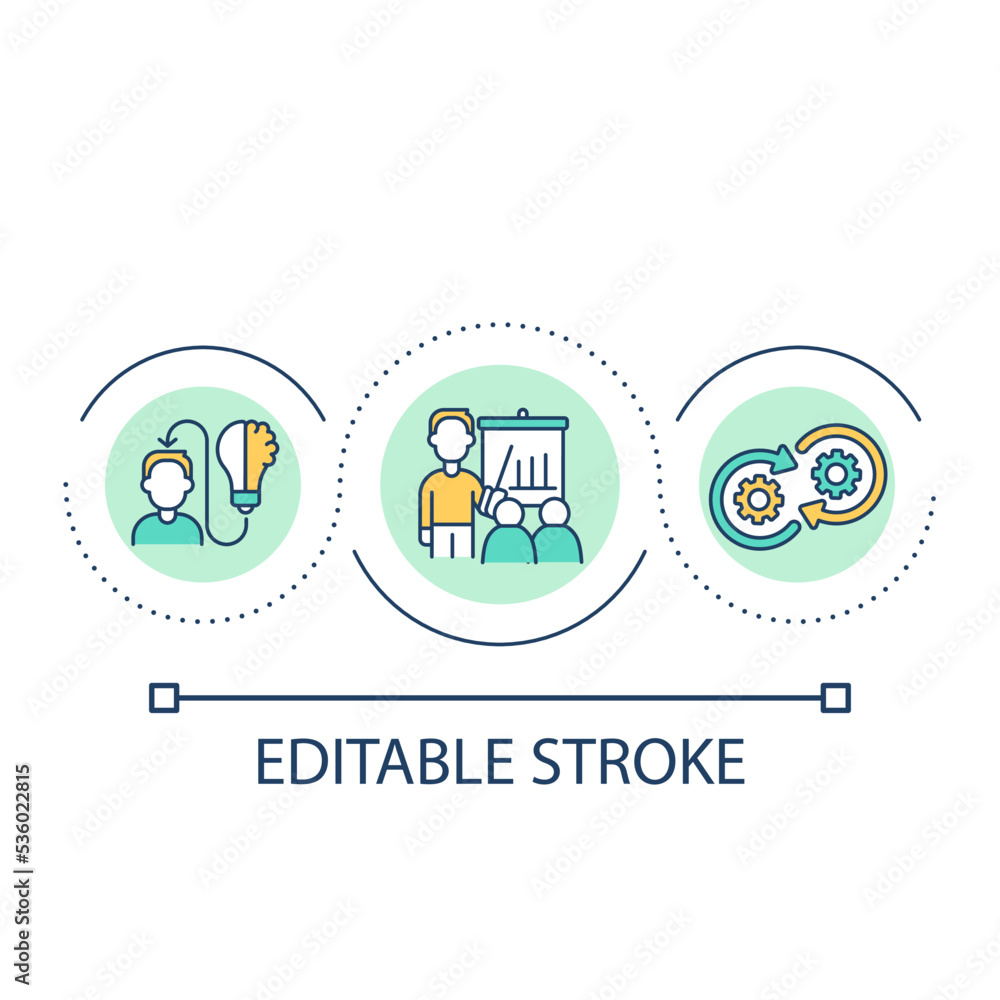 Instructor-led learning option loop concept icon. Training course with highly trained teacher abstract idea thin line illustration. Isolated outline drawing. Editable stroke. Arial font used Instructor-led learning option loop concept icon. Training course with highly trained teacher abstract idea thin line illustration. Isolated outline drawing. Editable stroke. Arial font used