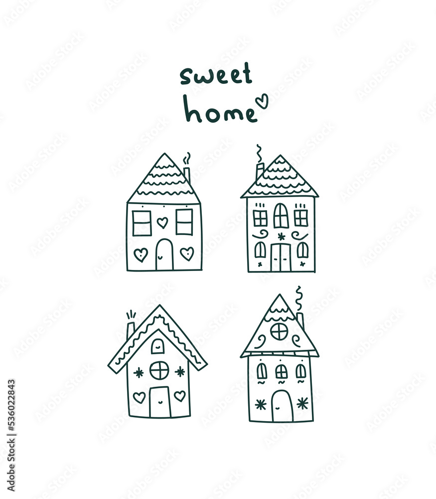 Drawn vector houses in doodle style. Cute little house for postcards, print, packaging, advertising, poster.