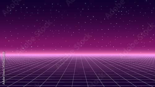 Retro fantastic background of the 80s. Vector mountain wireframe landscape with night sky and sunset . Futuristic neon scenery.