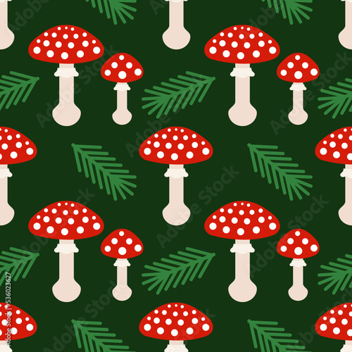 Red toadstools forest mushroom dark seamless pattern.