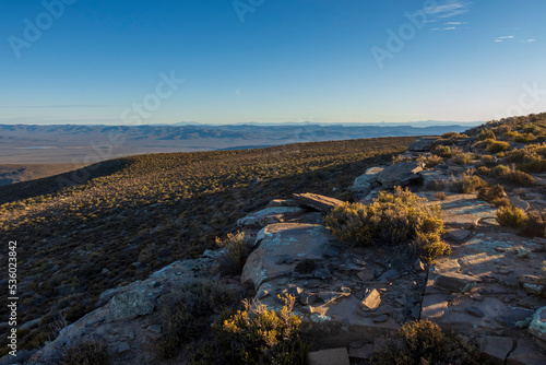 View from the top of the Roggeberg Escarpment south towards the Swartberg range of mountains. Near Sutherland. Northern Cape. South Africa.