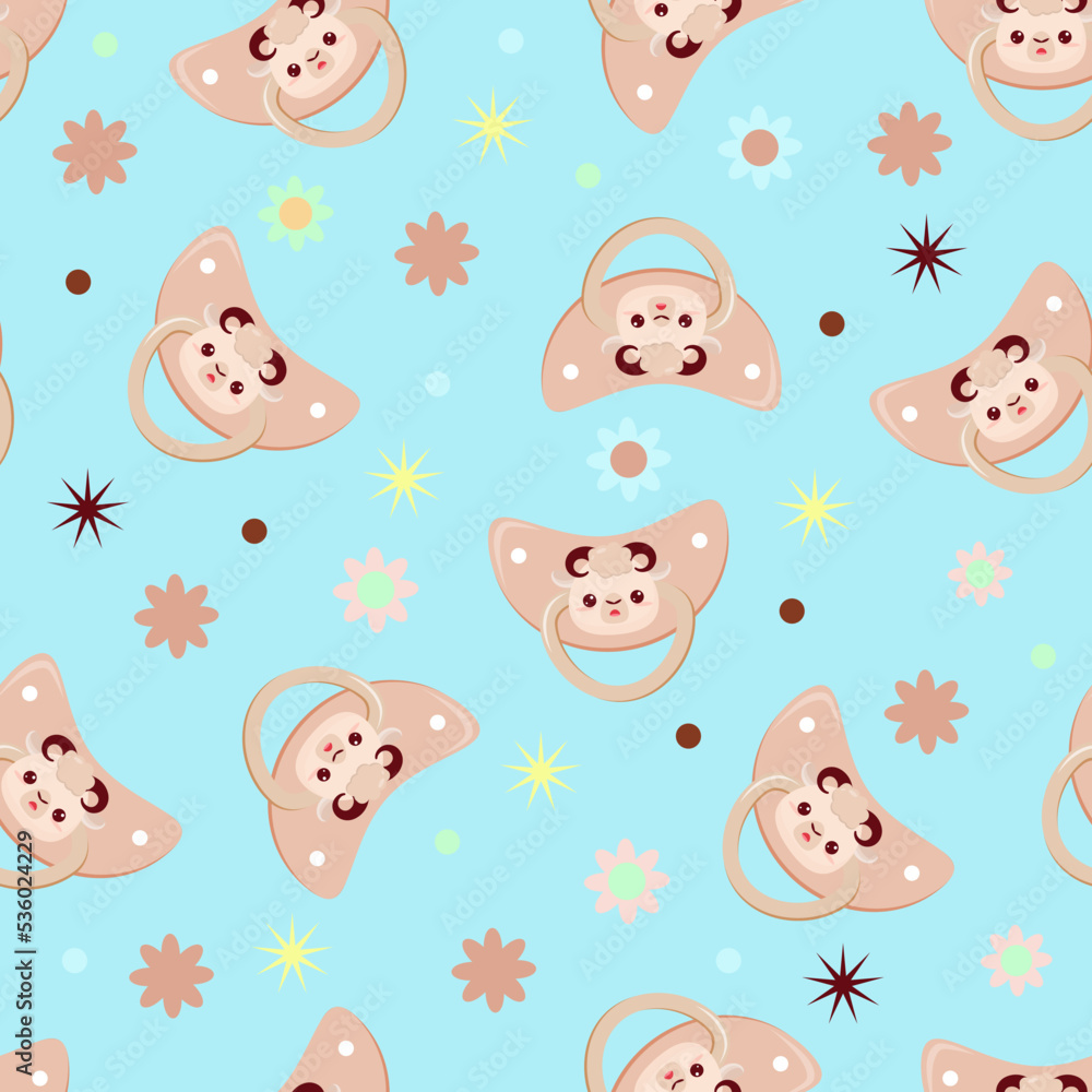 Seamless children's pattern on a blue background. A dummy with a lamb. Pacifier for children