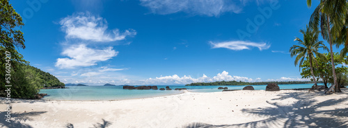 Koh Kham Trat Thailand, aerial view of the tropical island near Koh Mak Thailand. white sandy beach with palm trees and big black boulder stones in the ocean