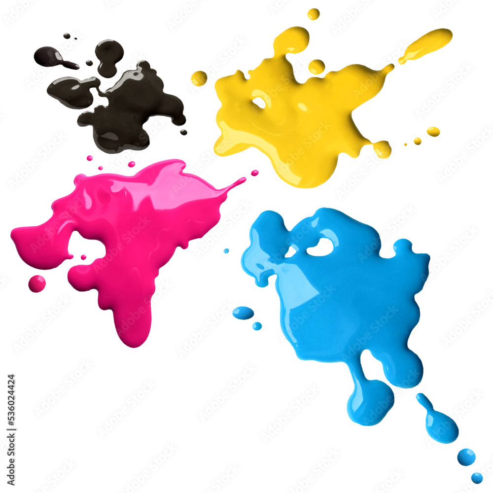 Obraz premium Splashes of four color printing inks cyan magenta yellow black isolated