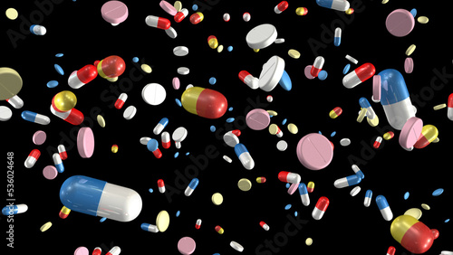 Pills and capsules falling on black background. Also available as an animation - search for 197547619 in Videos. 3D illustration. Medicine, medical, pharmaceuticals.