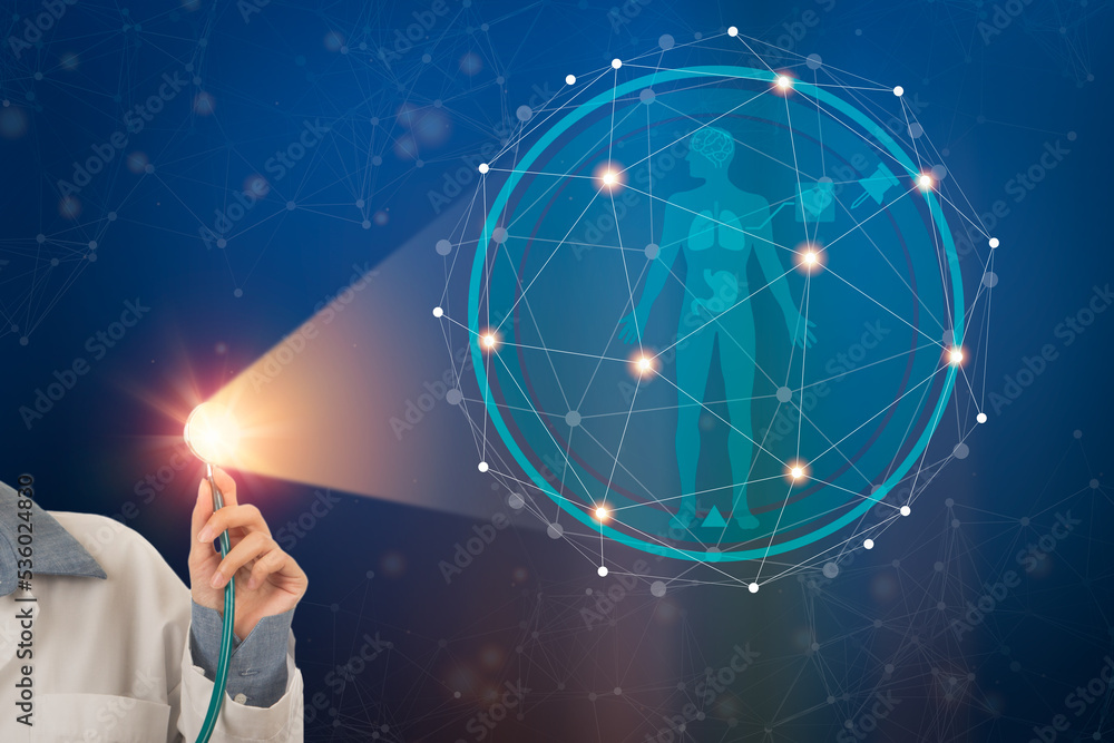 Female doctor with stethoscope showing virtual hologram of human organ