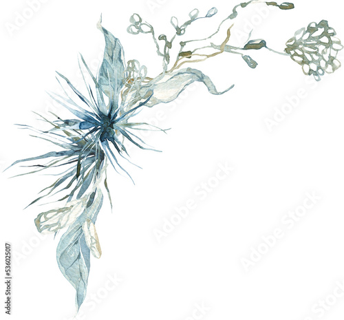 Blue Gold Winter Floral Watercolor Christmas Wedding Ethereal Arrangement