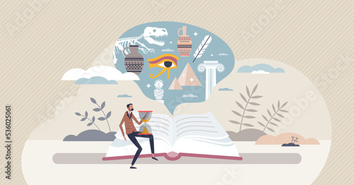 History book and ancient literature resources study tiny person concept. Academic education records with egypt mythology and culture research vector illustration. Information about old civilizations.