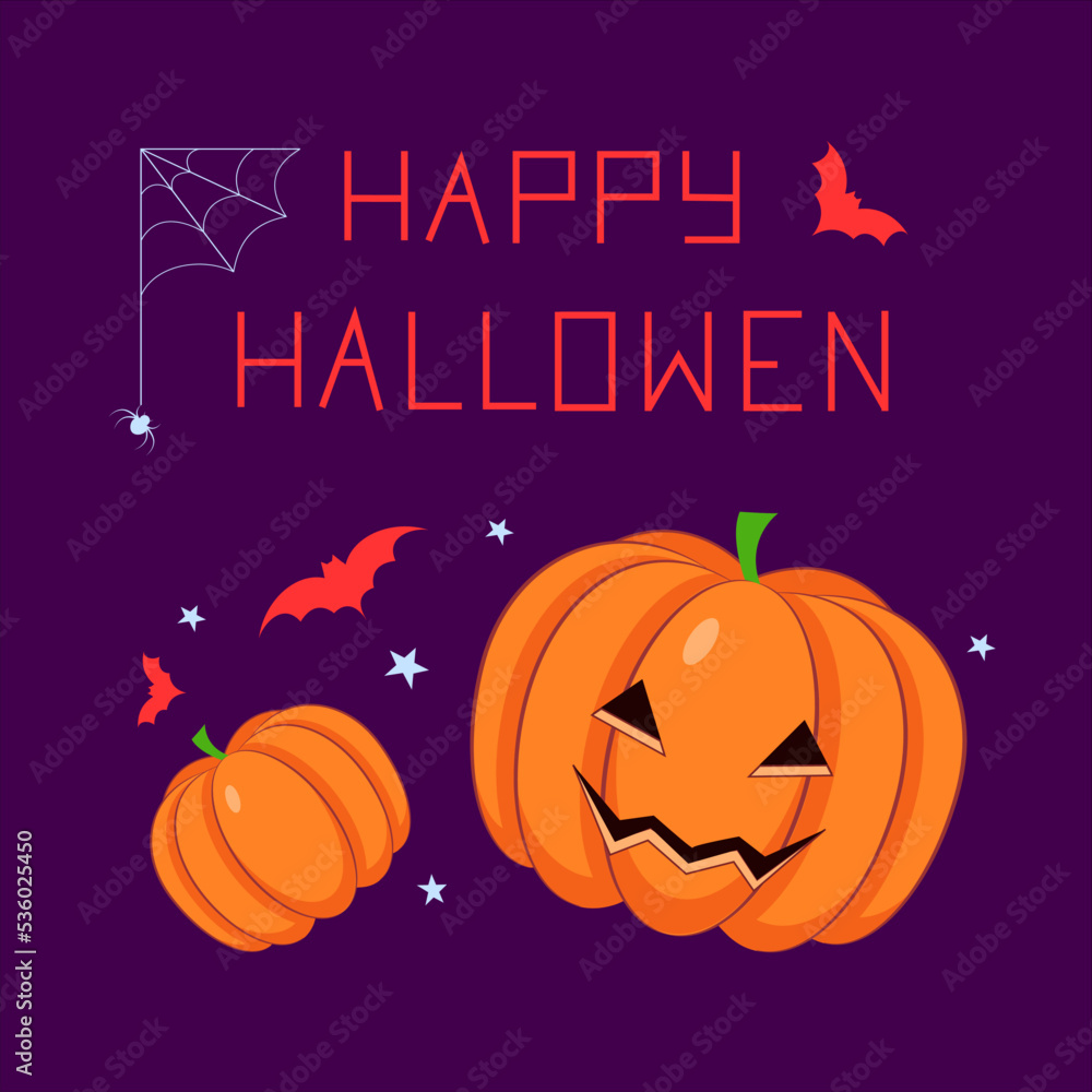 Two Halloween pumpkins surrounded by bats and stars, with the inscription happy Halloween and cobwebs Two Halloween pumpkins surrounded by bats and stars, with the inscription happy Halloween and cobwebs