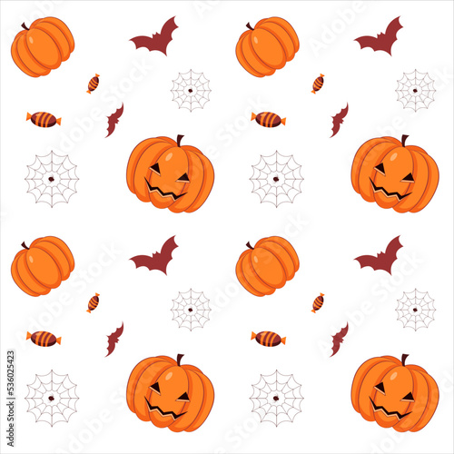 Halloween pattern, pumpkin with bat and cobweb