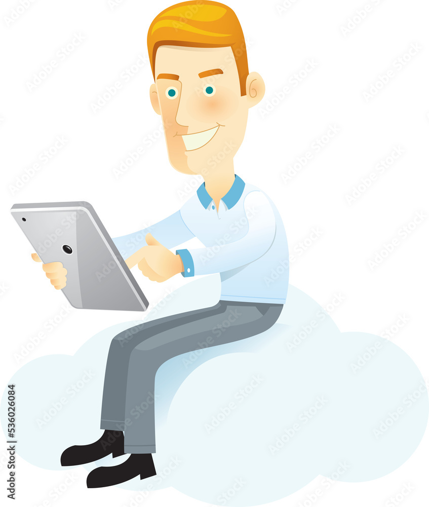cartoon man playing tablet on cloud cartoon man playing tablet on cloud