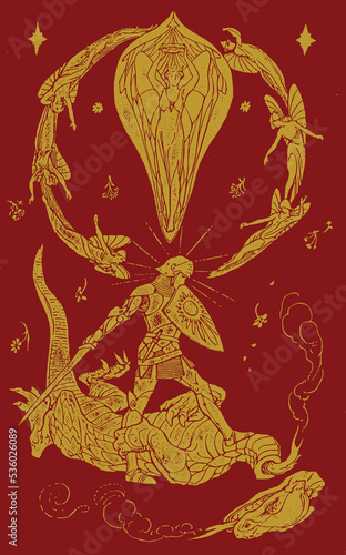 St. George slaying the dragon. Patron Saint of England. Catholic Saint. Vintage art. Poster design and tshirt design.