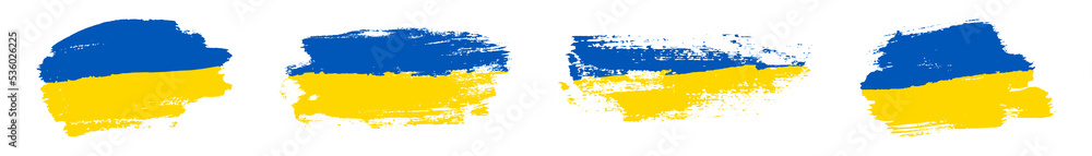 Obraz premium Ukrainian grunge texture flag set, stylized brush stroke, isolated white background. Blue yellow paint color brushstroke. Drawing national symbol Ukraine country. Patriotic design Vector illustration