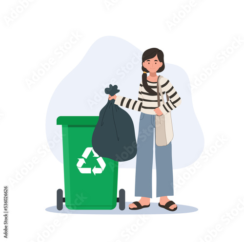 Recycle concept. Happy woman throws away trash into green trash bin with recycling symbol. Vector illustration
