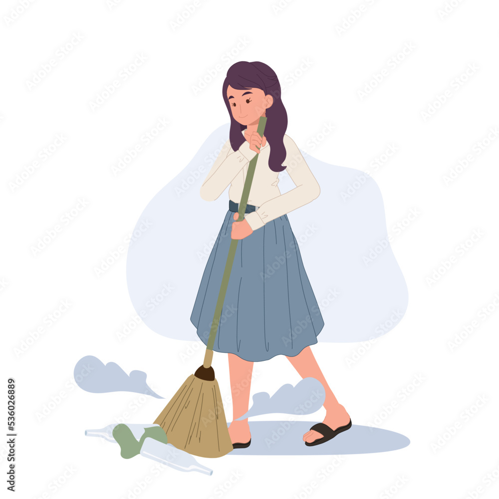 A woman sweeping the floor, house wife working at home. vector Illustration A woman sweeping the floor, house wife working at home. vector Illustration