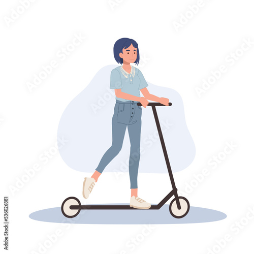 woman riding kick scooter.Active Lifestyle.  Eco transport. vector illustration.