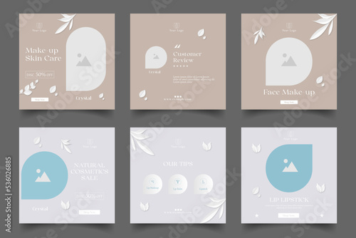 set of editable beauty cosmetics sale social media post template. cosmetics sale promotion square post frame puzzle web banner poster layout. 