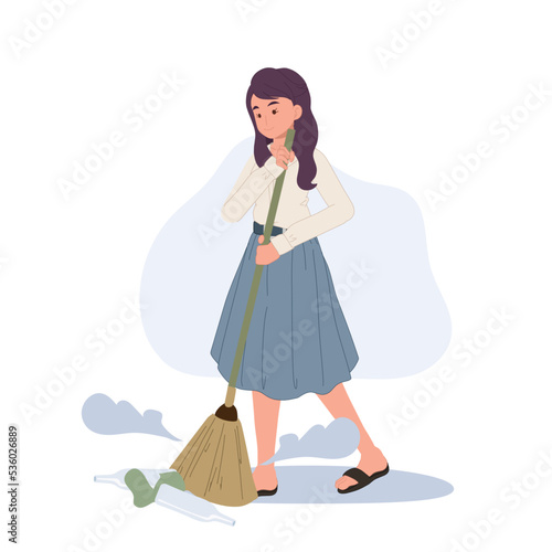 A woman sweeping the floor, house wife working at home. vector Illustration