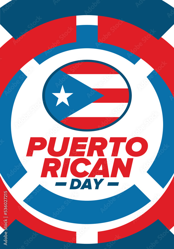 Obraz premium Puerto Rican Day. National happy holiday. Festival and parade in honor of independence and freedom. Puerto Rico flag. Latin american country. Patriotic elements. Vector poster illustration