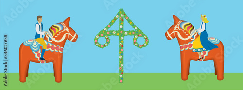 Swedish national symbols with woman and man in national dress. The horse is a Dalahäst (means Dala horse in Swedish) and in the middle a maypole, in Swedish called midsommarstång. Vector illustration.