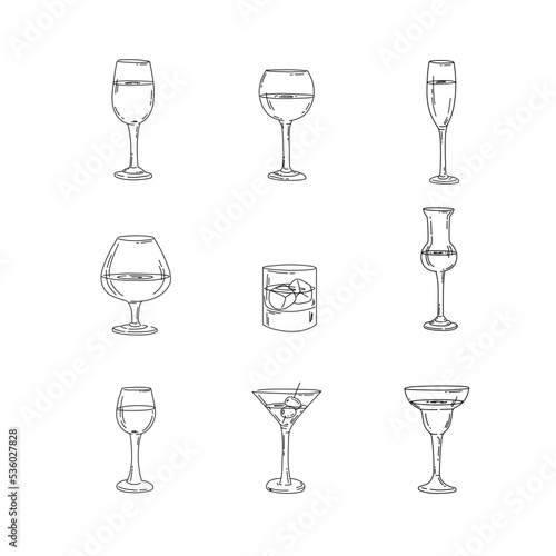 Glasses with names, line icons set. Vector