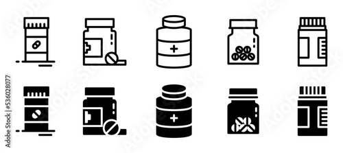 Medical pills bottle icons. line and glyph style version. Different style icons set