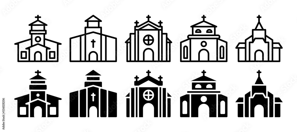 Church buildings line and glyph icon set. Icons of christian religion. different style icon