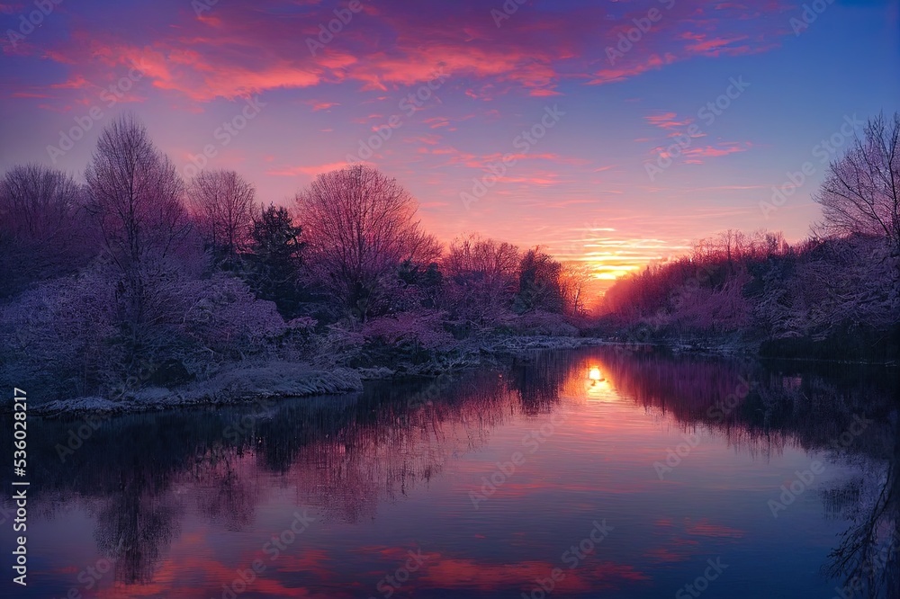 Calm water and reflections from trees and sky. Beautiful silence morning at sunrise, dawn in early winter. Pink colored sky as background, place for text, .