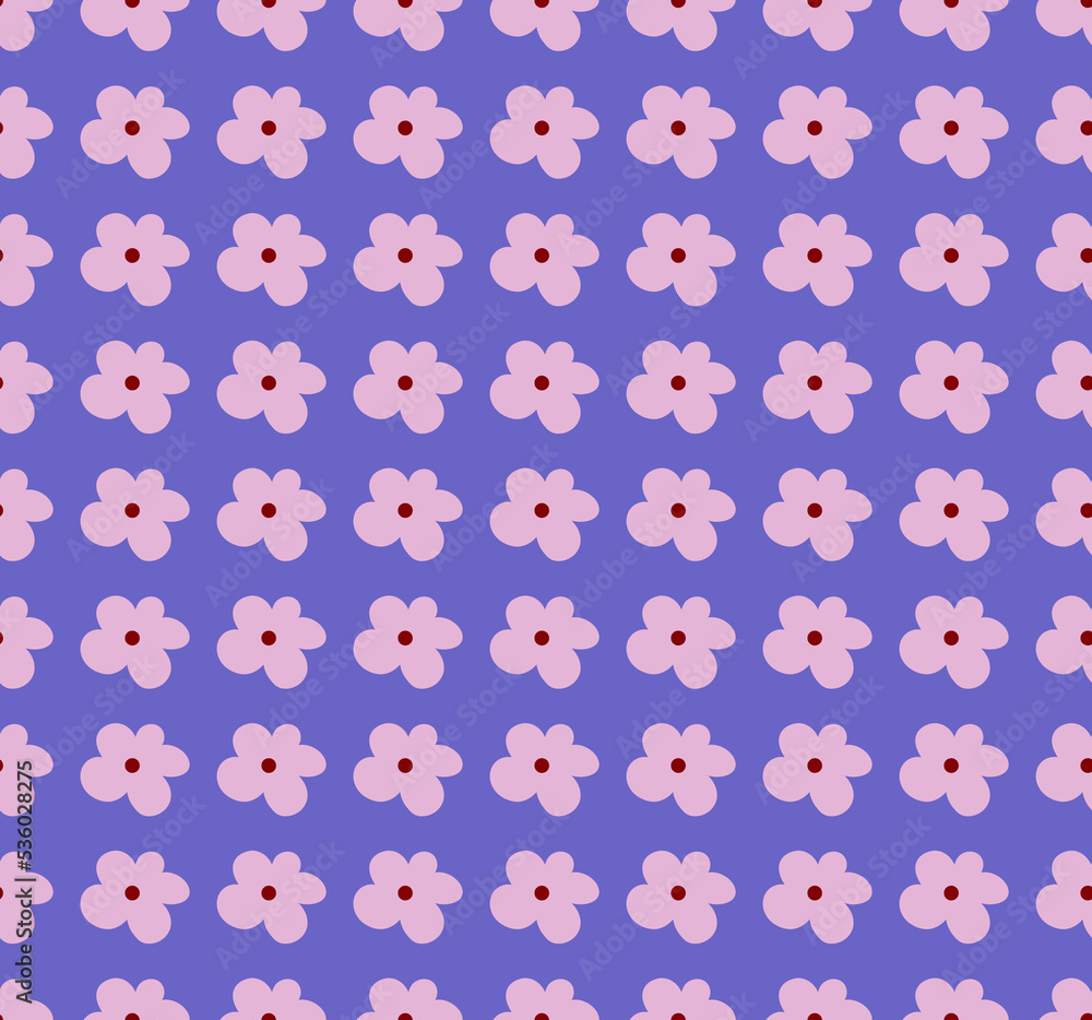 Seamless pattern of red flower bud isolated on blue. 70s retro vintage geometric pattern background.