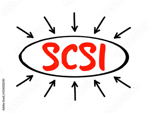 SCSI - Small Computer System Interface is a set of standards for physically connecting and transferring data, acronym text concept with arrows