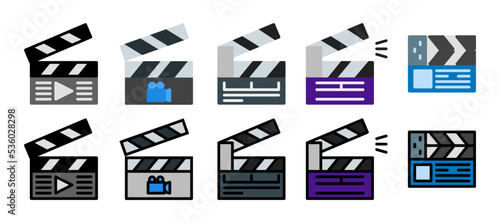 Clapper board icon set. Open and closed movie clapper. Different style icon