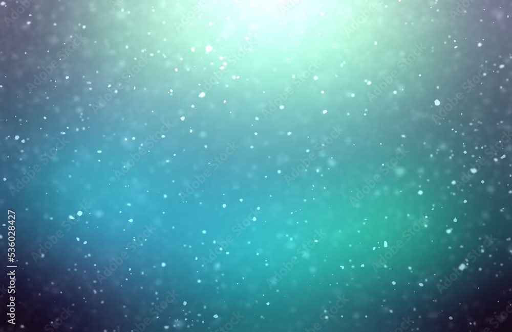Obraz premium Light snow falling on glowing blur background of blue turquoise color. Lens effect, diffused light top, dark soft vignette.