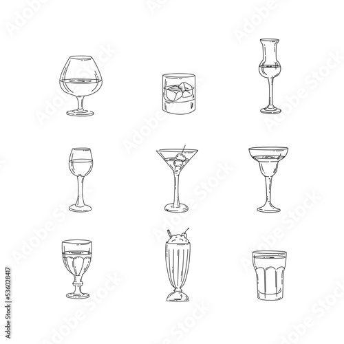 Glasses with names, line icons set. Vector